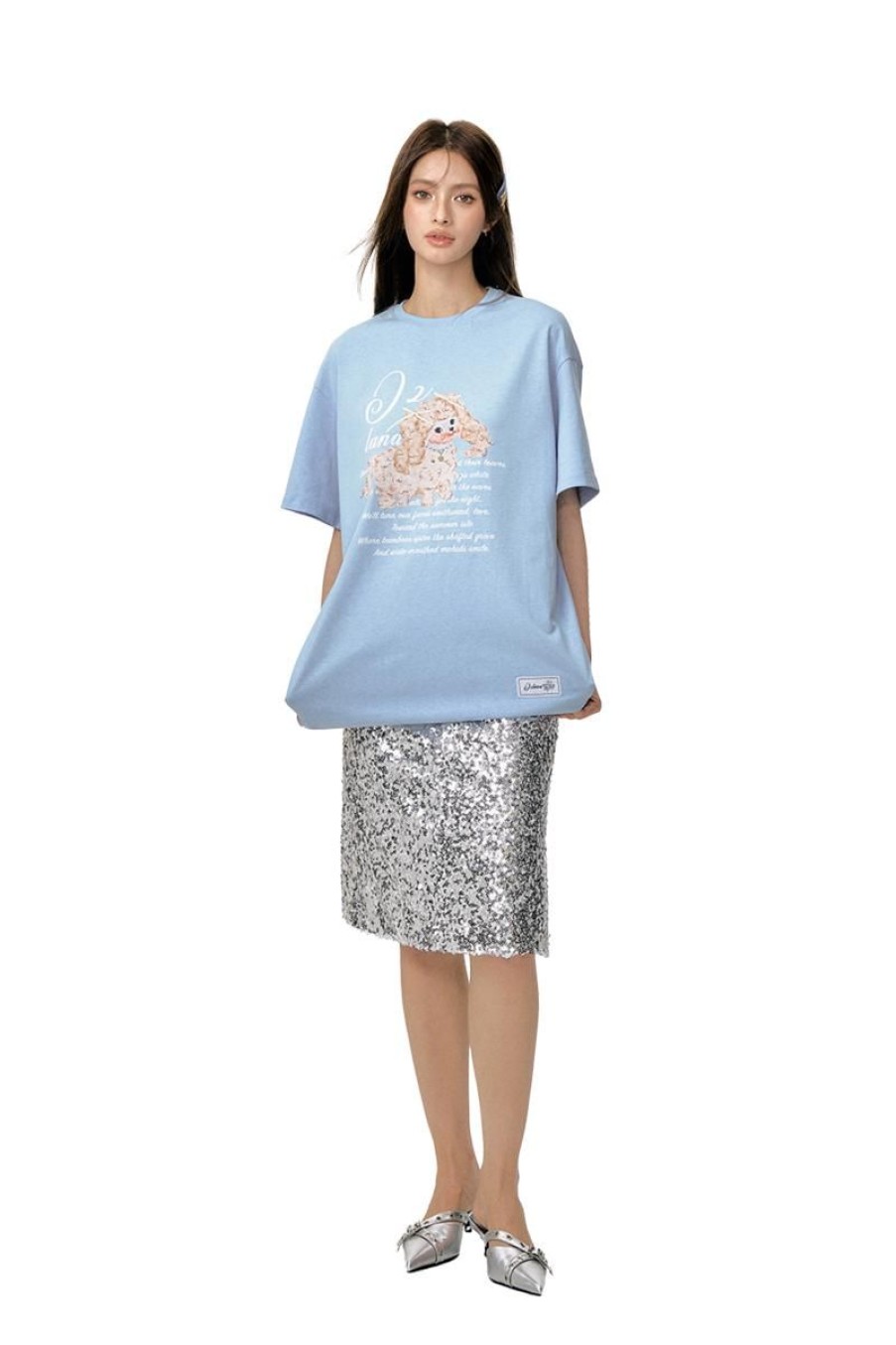 OZLANA Tops | Oversized Pet & Text Graphic T-Shirt(Blue)