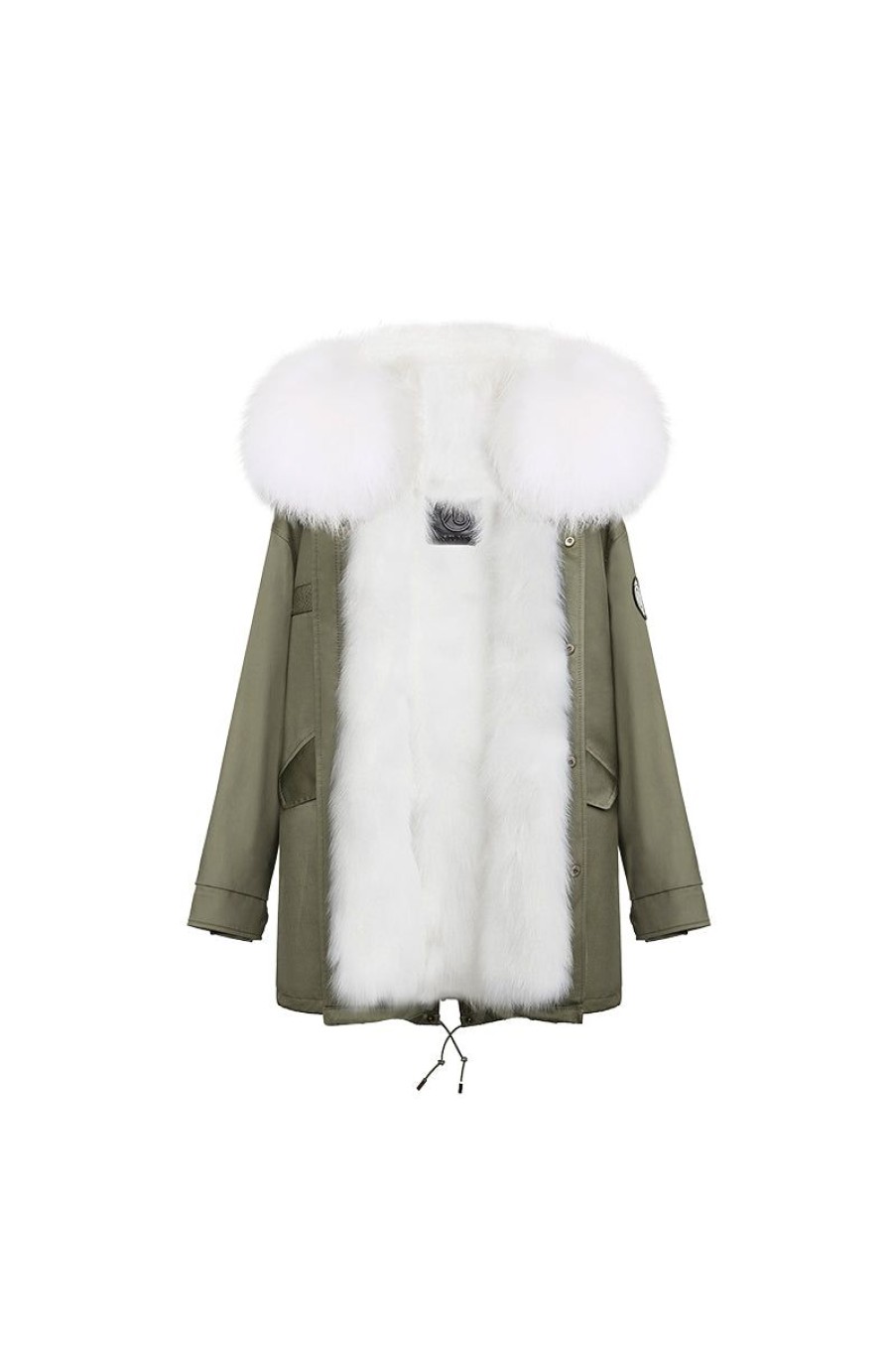 OZLANA Classic & Designer Parkas | Khaki Green+Classic White Raccoon