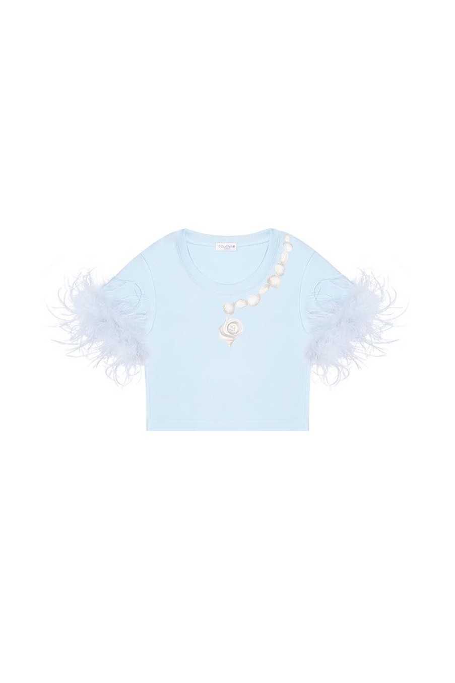 OZLANA Tee Shirts | Sea Shells Feather Cropped Tee(Blue)