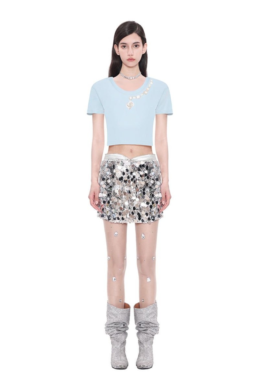 OZLANA Tee Shirts | Sea Shells Feather Cropped Tee(Blue)