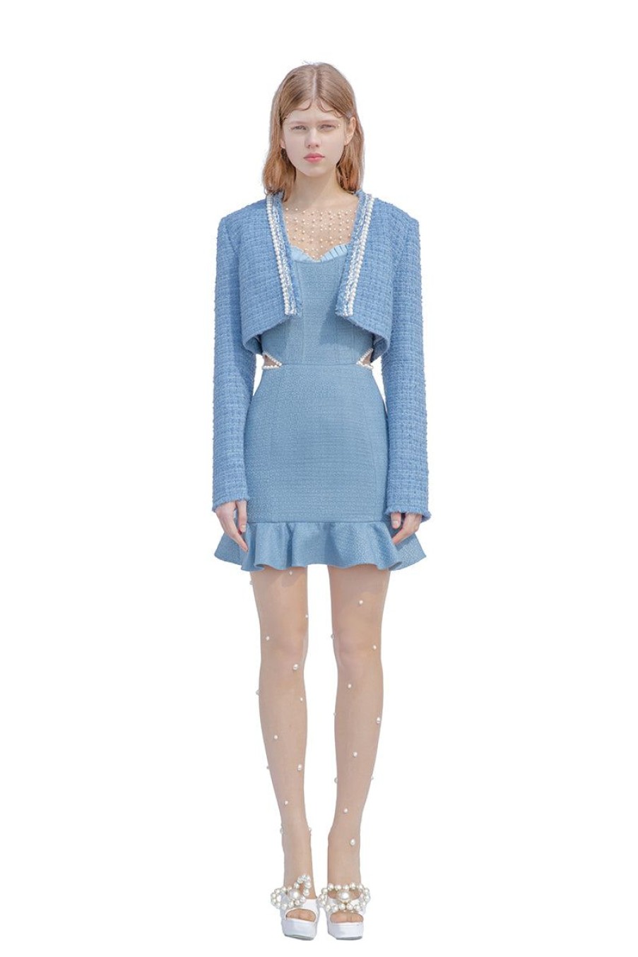 OZLANA Tops | Veil Of Water Pearl Trim Jacket(Blue)