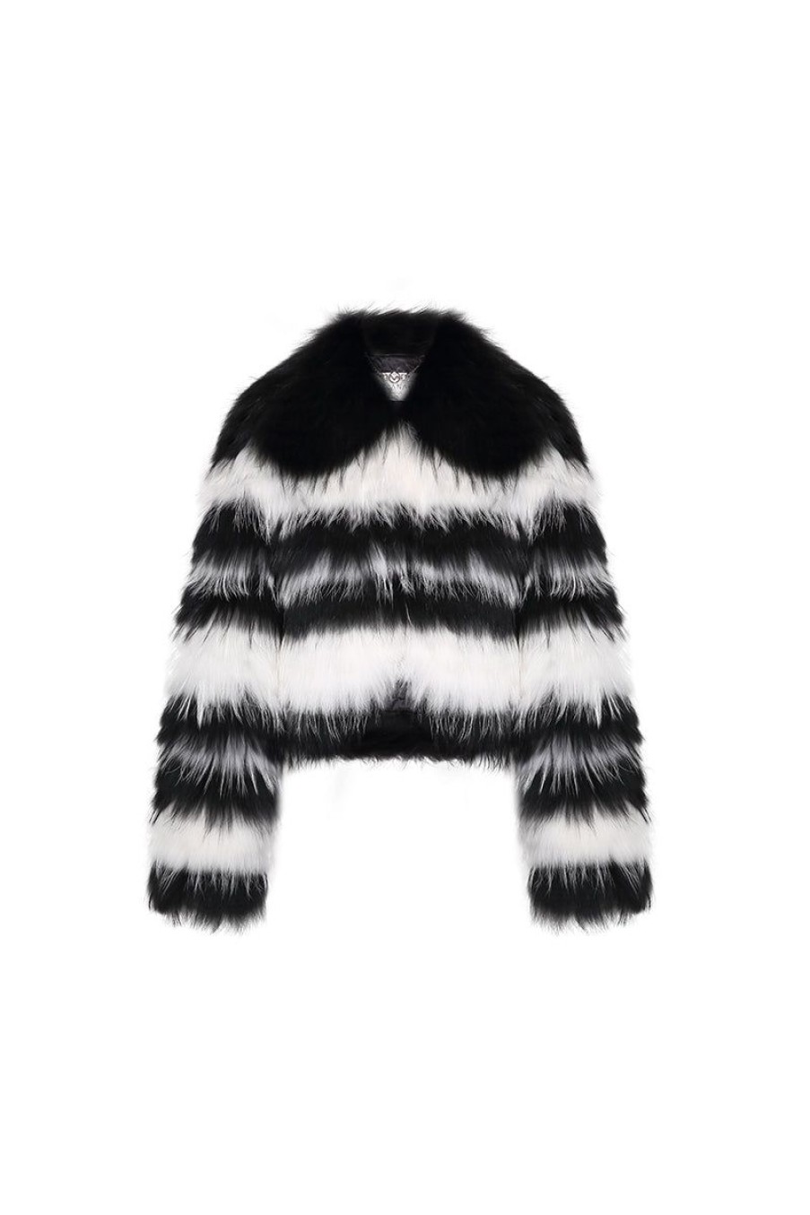 OZLANA Full Fur Jackets | Striped V Neck Crop Raccoon Fur Jacket(Black Stripe)