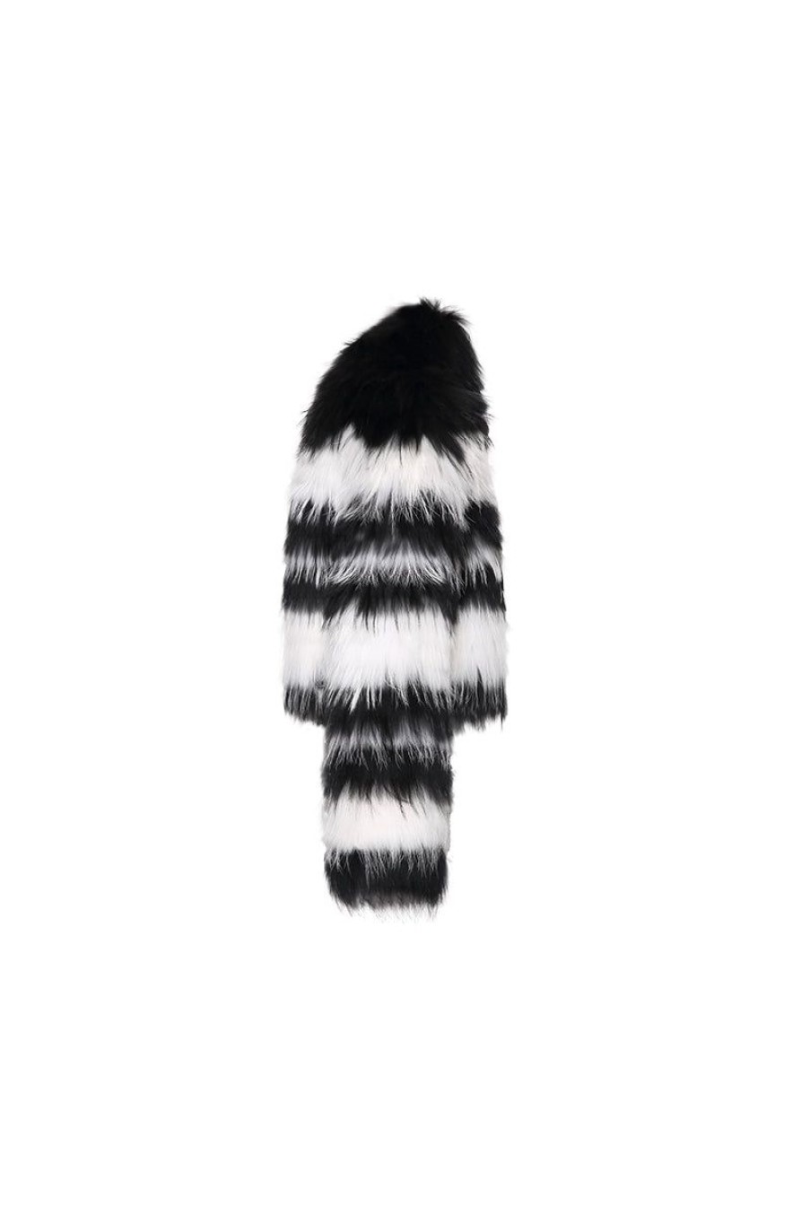 OZLANA Full Fur Jackets | Striped V Neck Crop Raccoon Fur Jacket(Black Stripe)