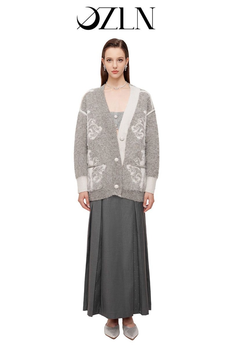 OZLANA Tops | Ozln Asymmetric Chandelier Knit Cardigan(Grey)