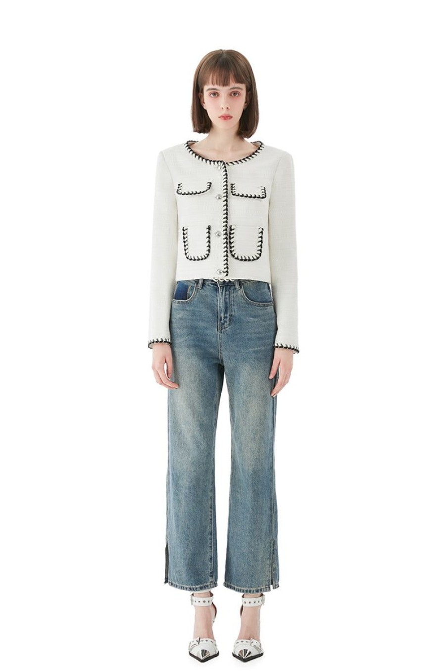 OZLANA Tops | Stitched Edge Vintage Tweed Jacket (White)