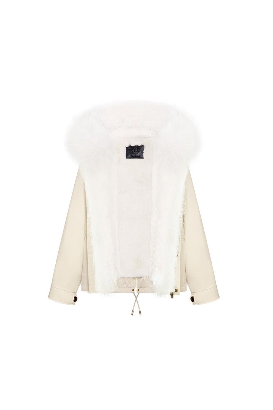 OZLANA Classic & Designer Parkas | Cream Whiteshort Oversize Parka+White Rabbit Fur/Raccoon Fur