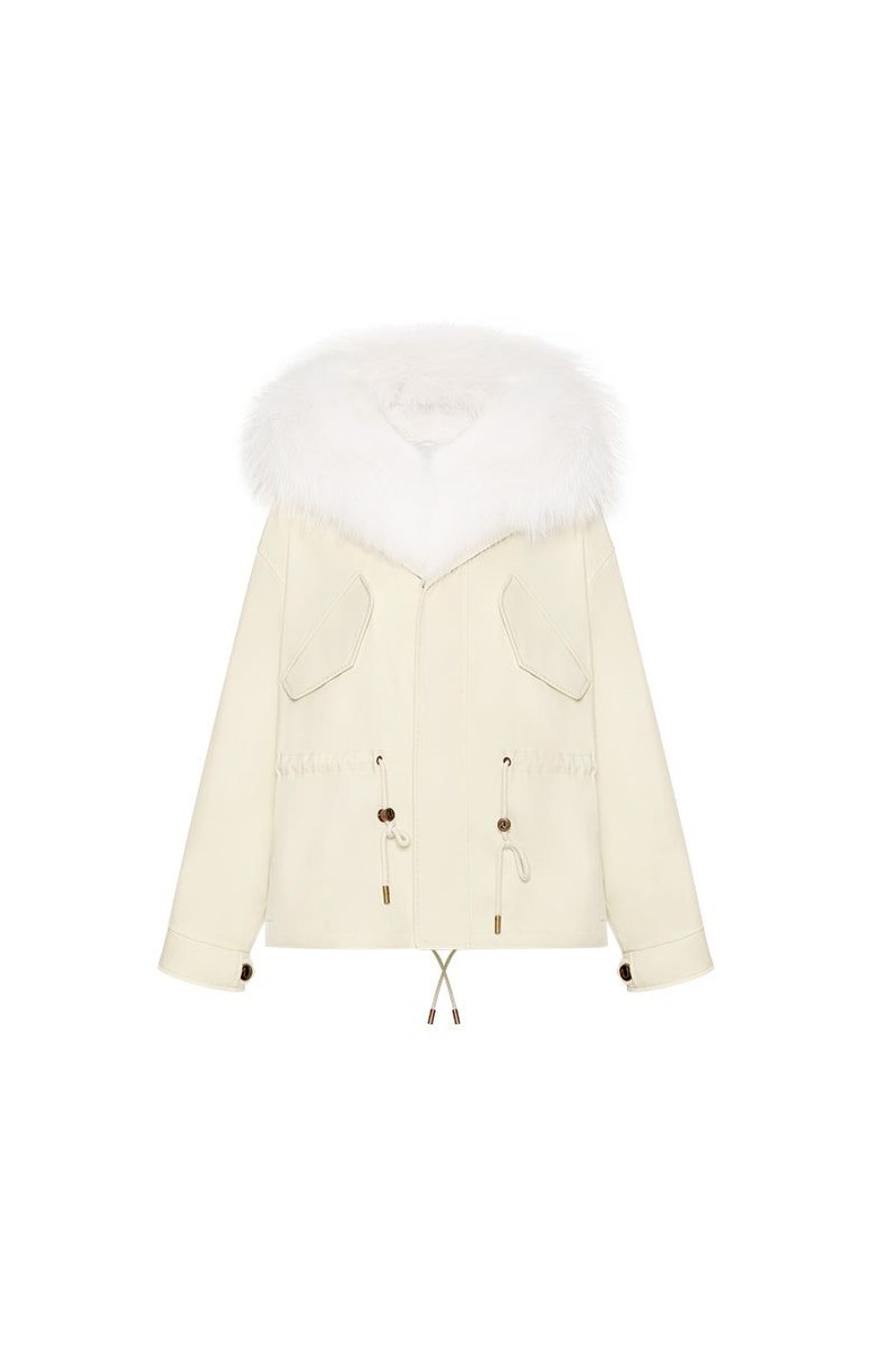 OZLANA Classic & Designer Parkas | Cream Whiteshort Oversize Parka+White Rabbit Fur/Raccoon Fur