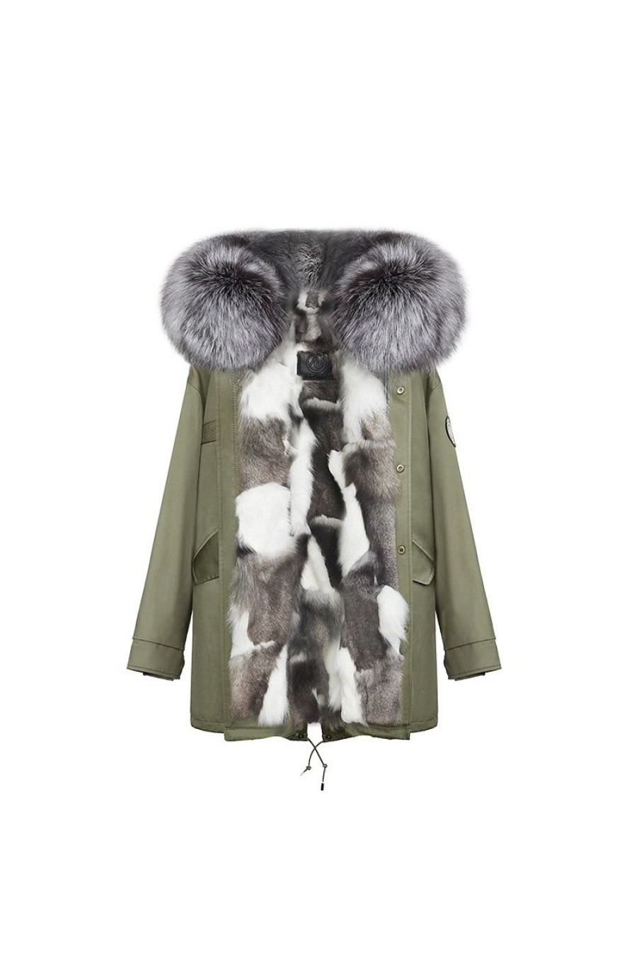 OZLANA Classic & Designer Parkas | Khaki Green+Classic Silver Fox