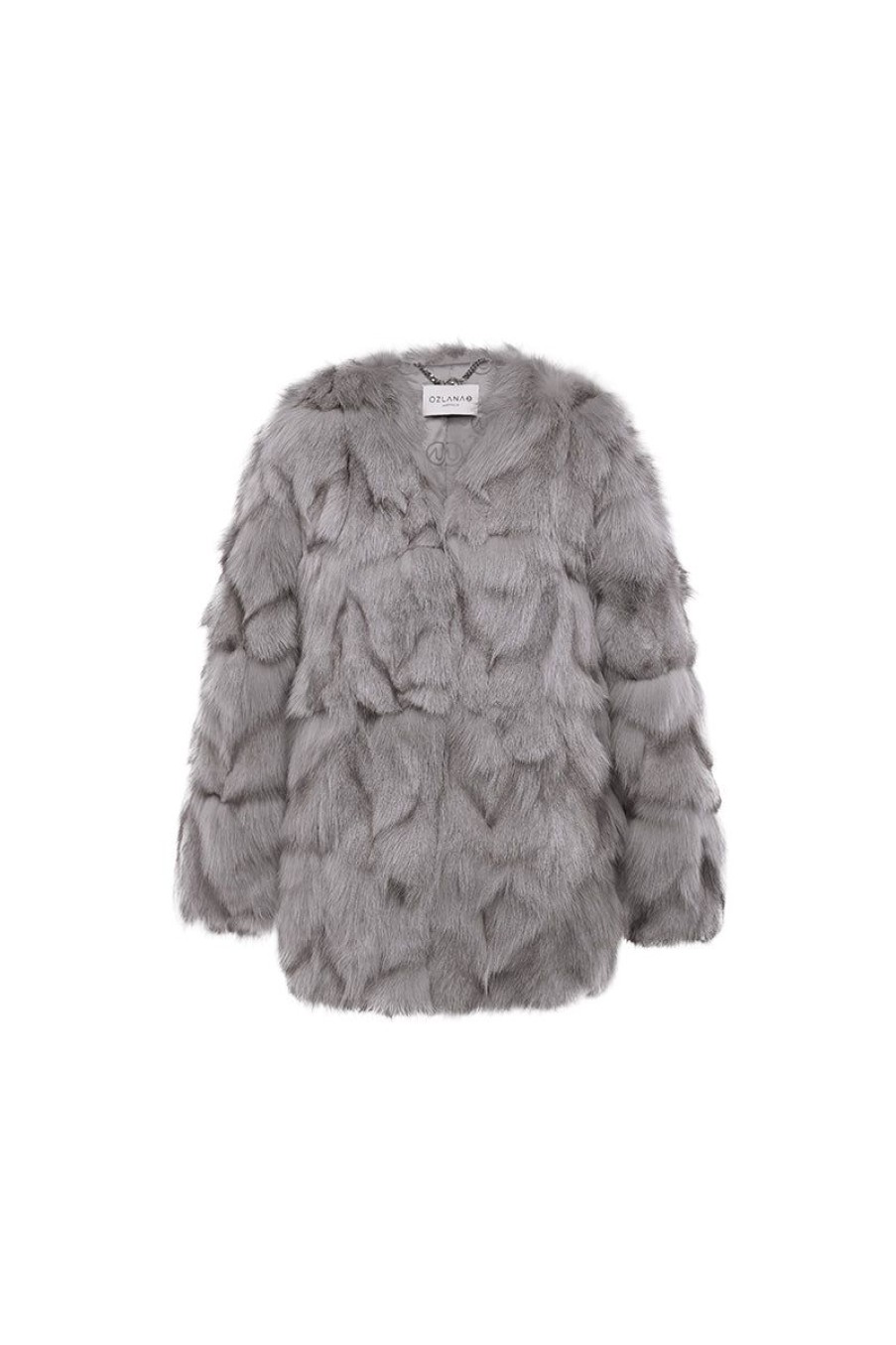 OZLANA Full Fur Jackets | Classic Round Neck Longline Fox Fur Jacket (Dark Grey)