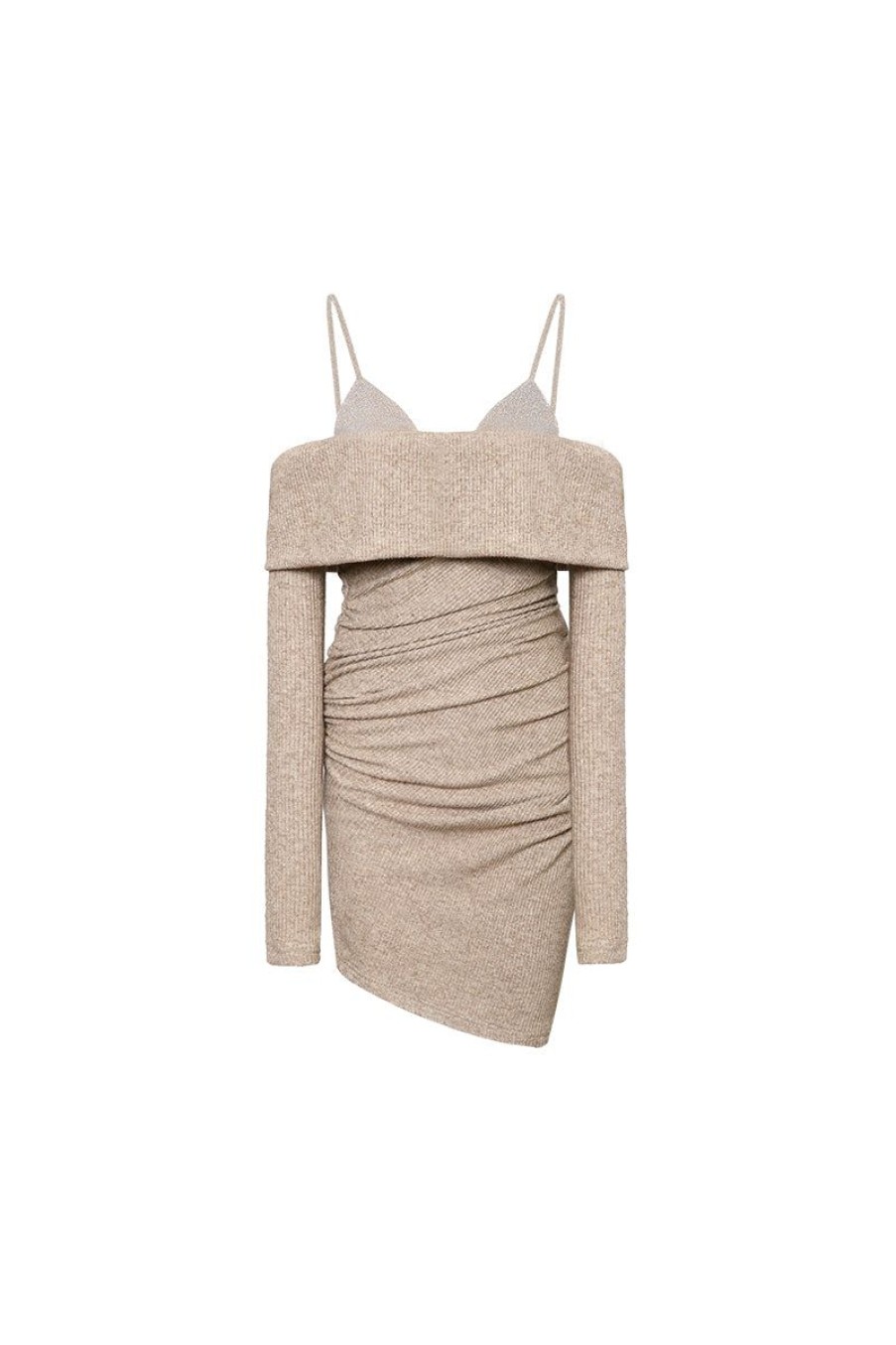 OZLANA Ozln | Ozln Off Shoulder Strap Glitz Knit Dress(Camel)