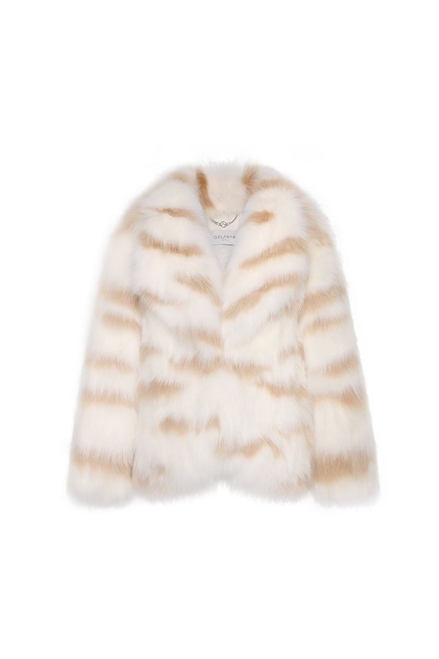 OZLANA Full Fur Jackets | Zebra Wide Lapel Racoon Fur Jacket(Cream)