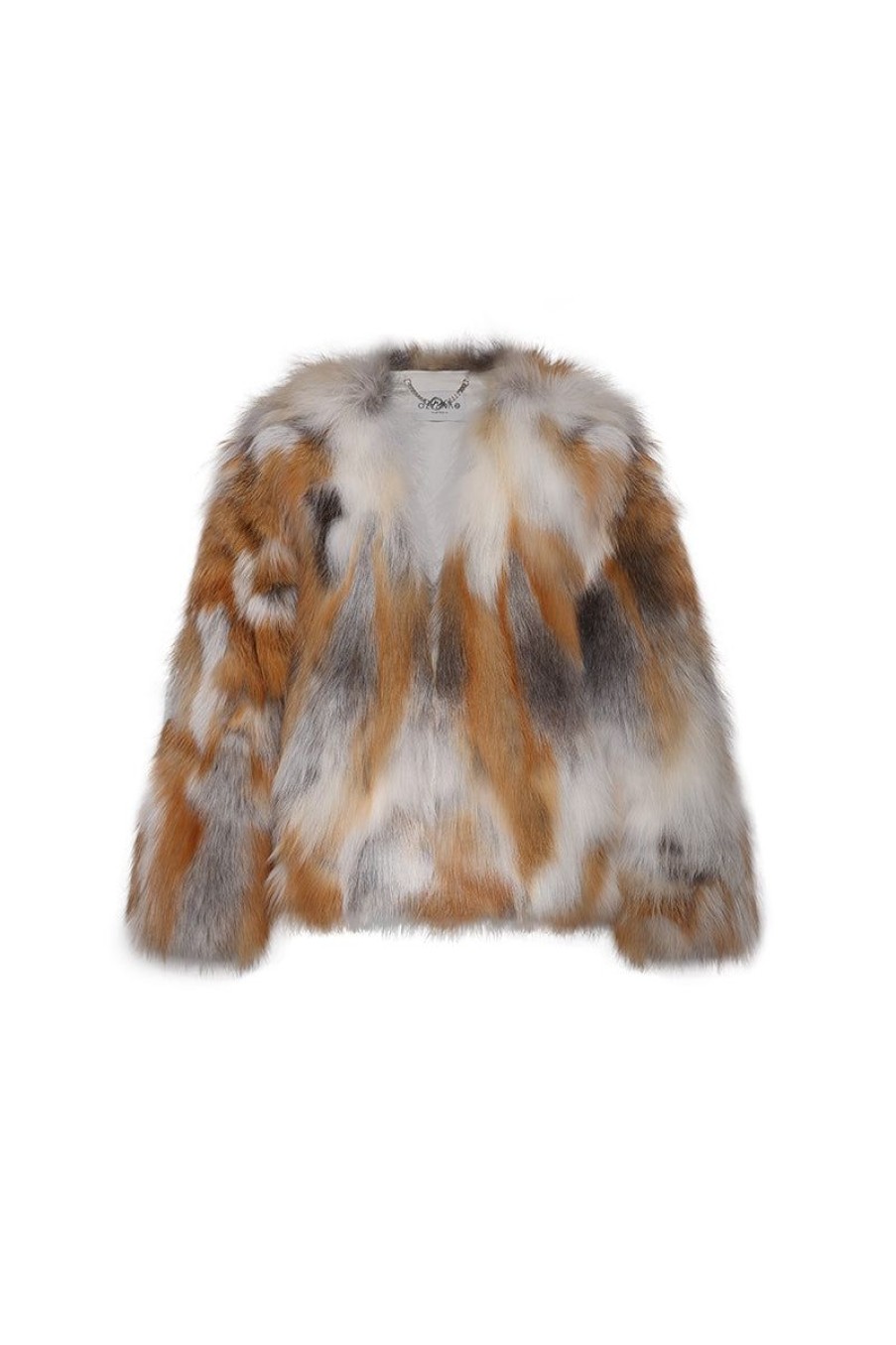 OZLANA Full Fur Jackets | Backstage V Neck Fox Fur Jacket (Cream Brown)