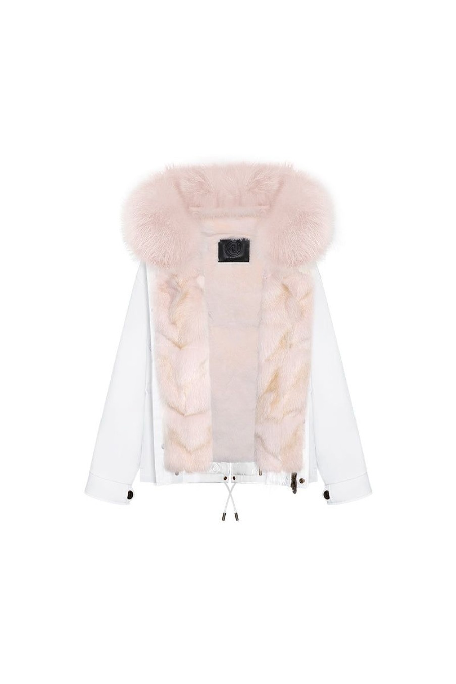 OZLANA Classic & Designer Parkas | White Short Oversize Parka+Pink Snow Fox