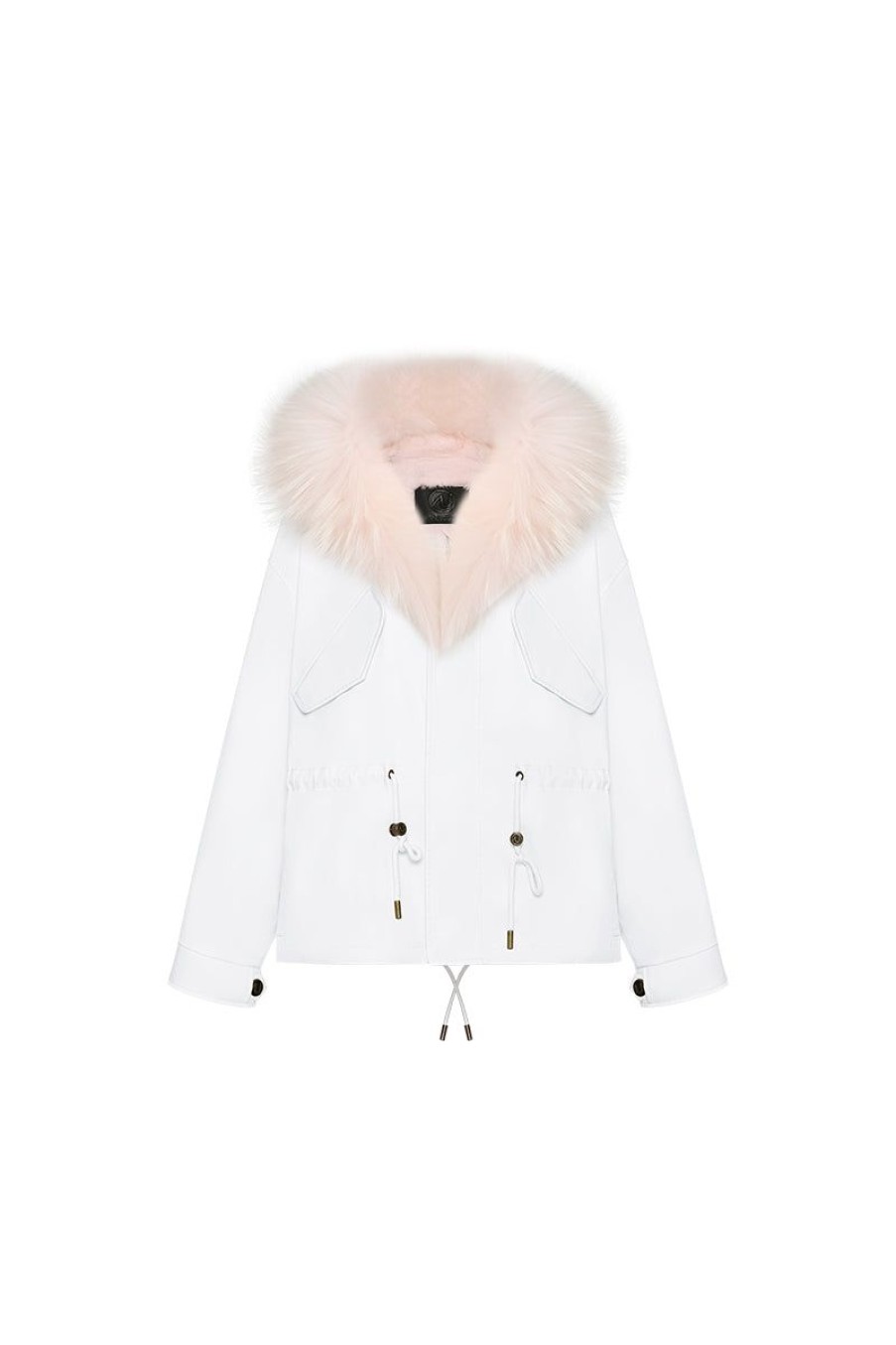 OZLANA Classic & Designer Parkas | White Short Oversize Parka+Pink Snow Fox