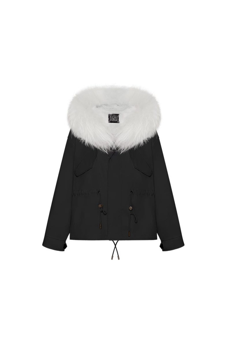 OZLANA Classic & Designer Parkas | Black Short Oversize Parka+Grey Snow Fox